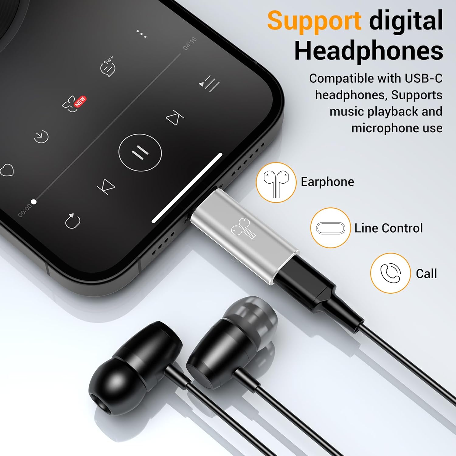Highlights that the headphones are compatible with USB-C devices, allowing music playback and microphone use.