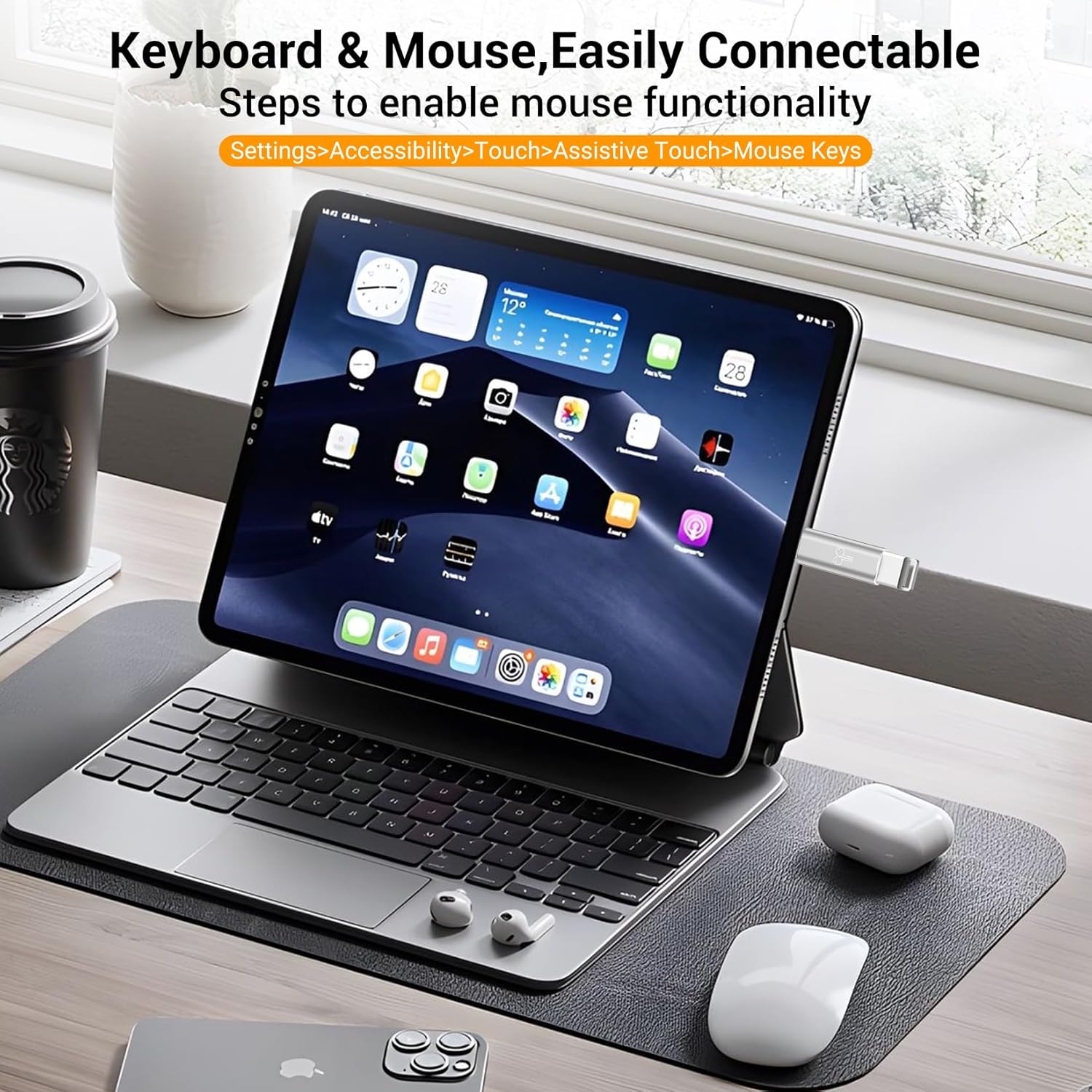 Explains the steps to enable mouse functionality on an iPad by navigating through the accessibility settings.