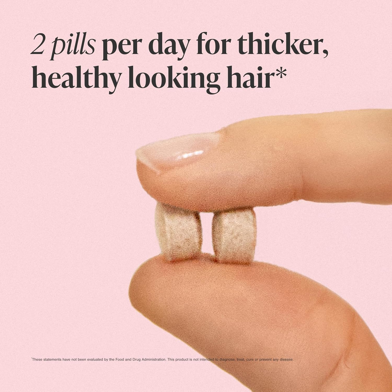 Highlights the key benefit of taking the product - achieving thicker and healthier looking hair.