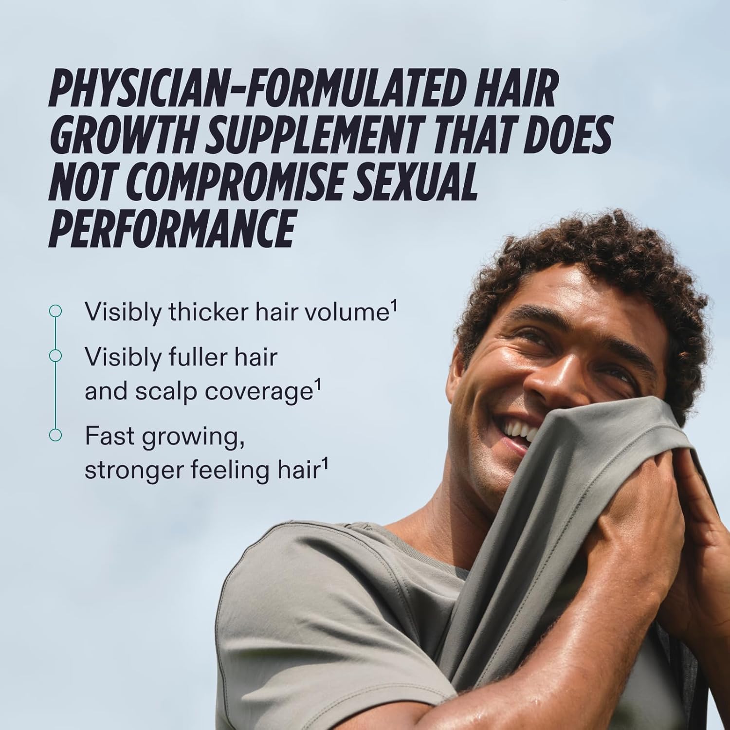 Highlights multiple benefits of the hair growth supplement, including increased volume, coverage, and strength, while emphasizing it does not compromise sexual performance.