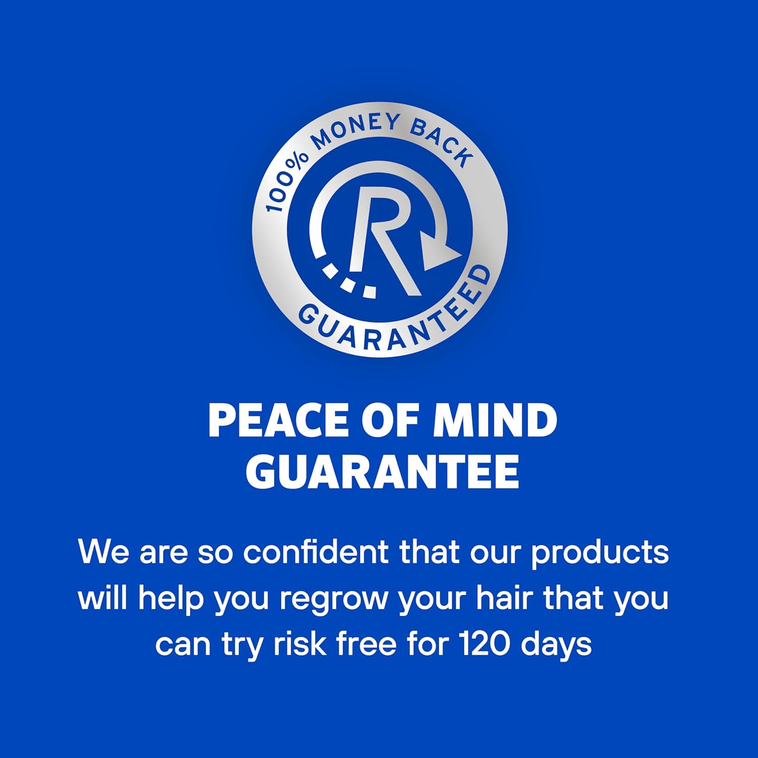 Highlights the 100% money-back guarantee to reassure customers and reduce risk in trying the hair regrowth products.
