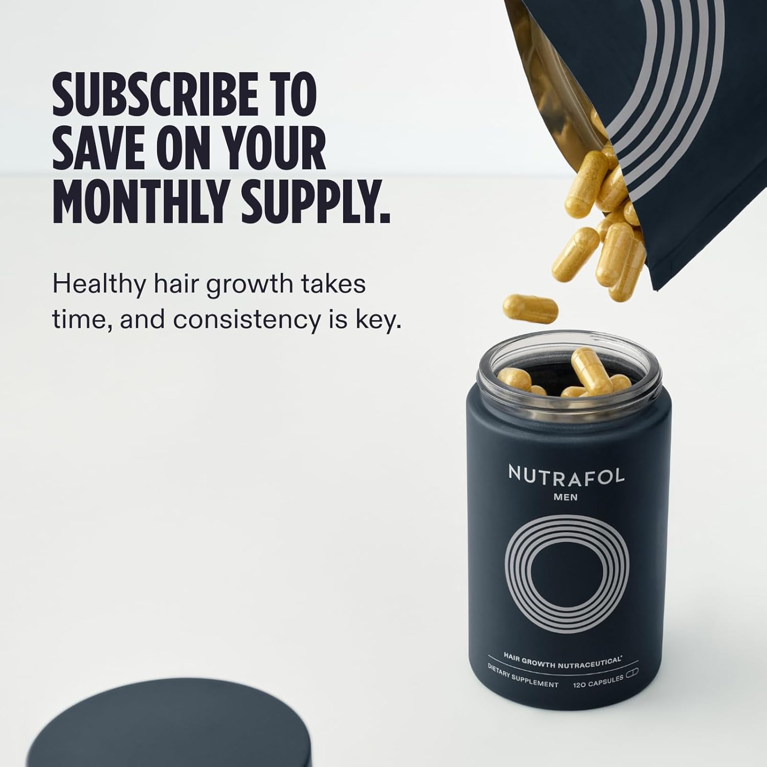 Promotes subscribing to receive discounts on the monthly supply of the hair growth supplement.