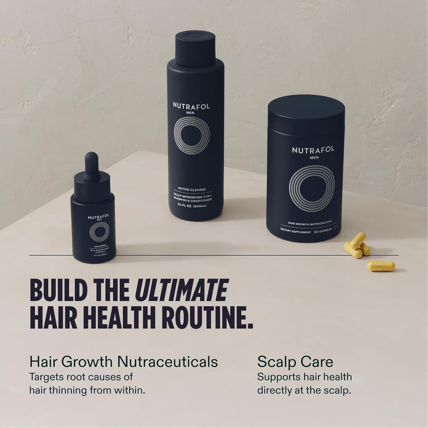 Showcases the product line's two key benefits - hair growth supplements and scalp care products - to promote a comprehensive hair health routine.
