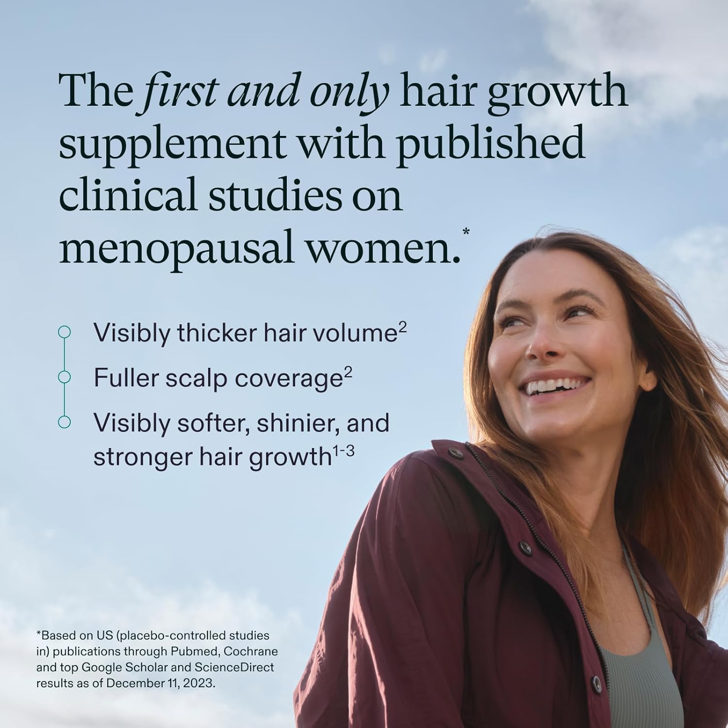 Highlights the key benefits of the hair growth supplement, including visibly thicker hair volume, fuller scalp coverage, and softer, shinier, stronger hair growth.