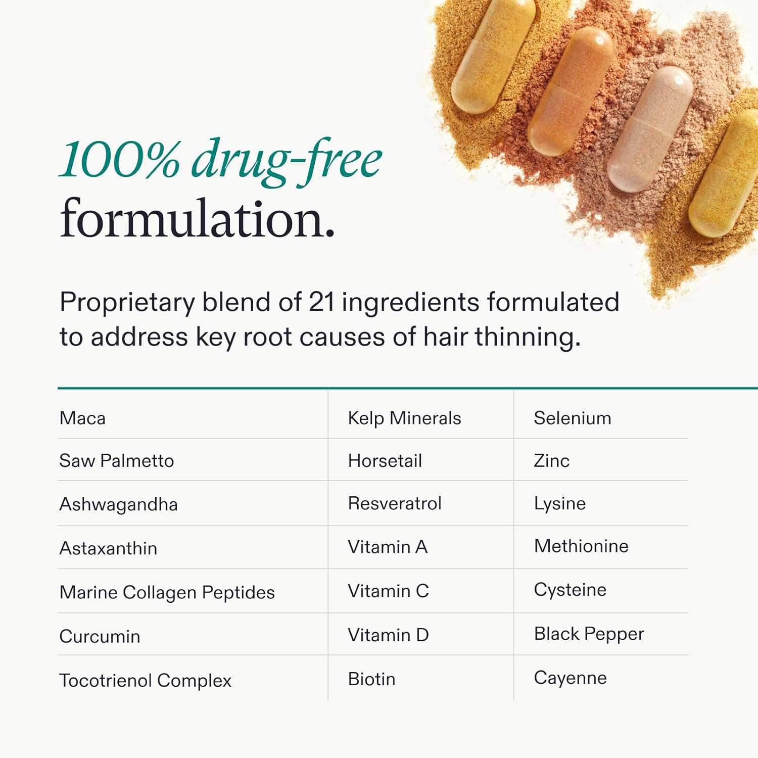 Shows the full list of ingredients included in the product's formulation to address hair thinning.