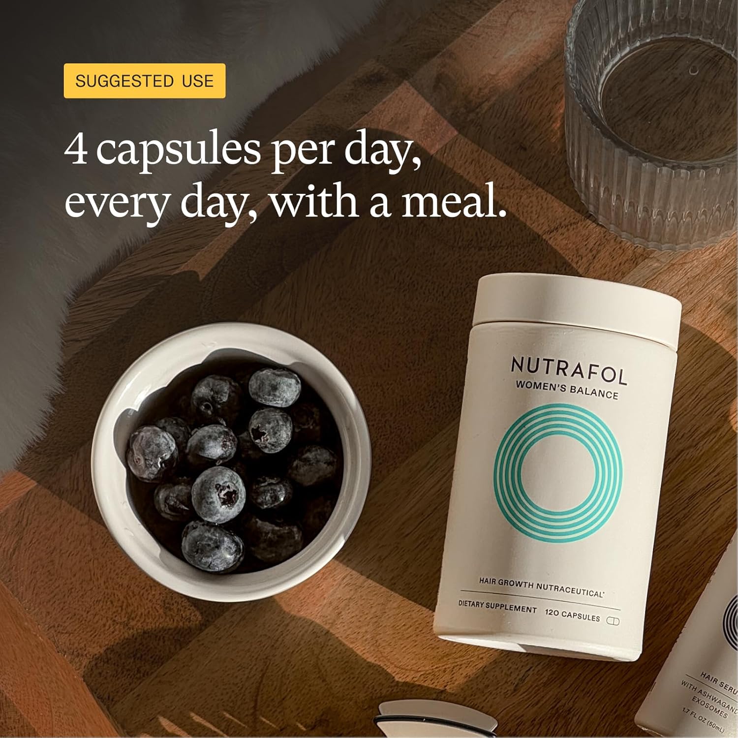 Provides clear instructions on how to take the supplement, specifying the recommended dosage of 4 capsules per day with a meal.