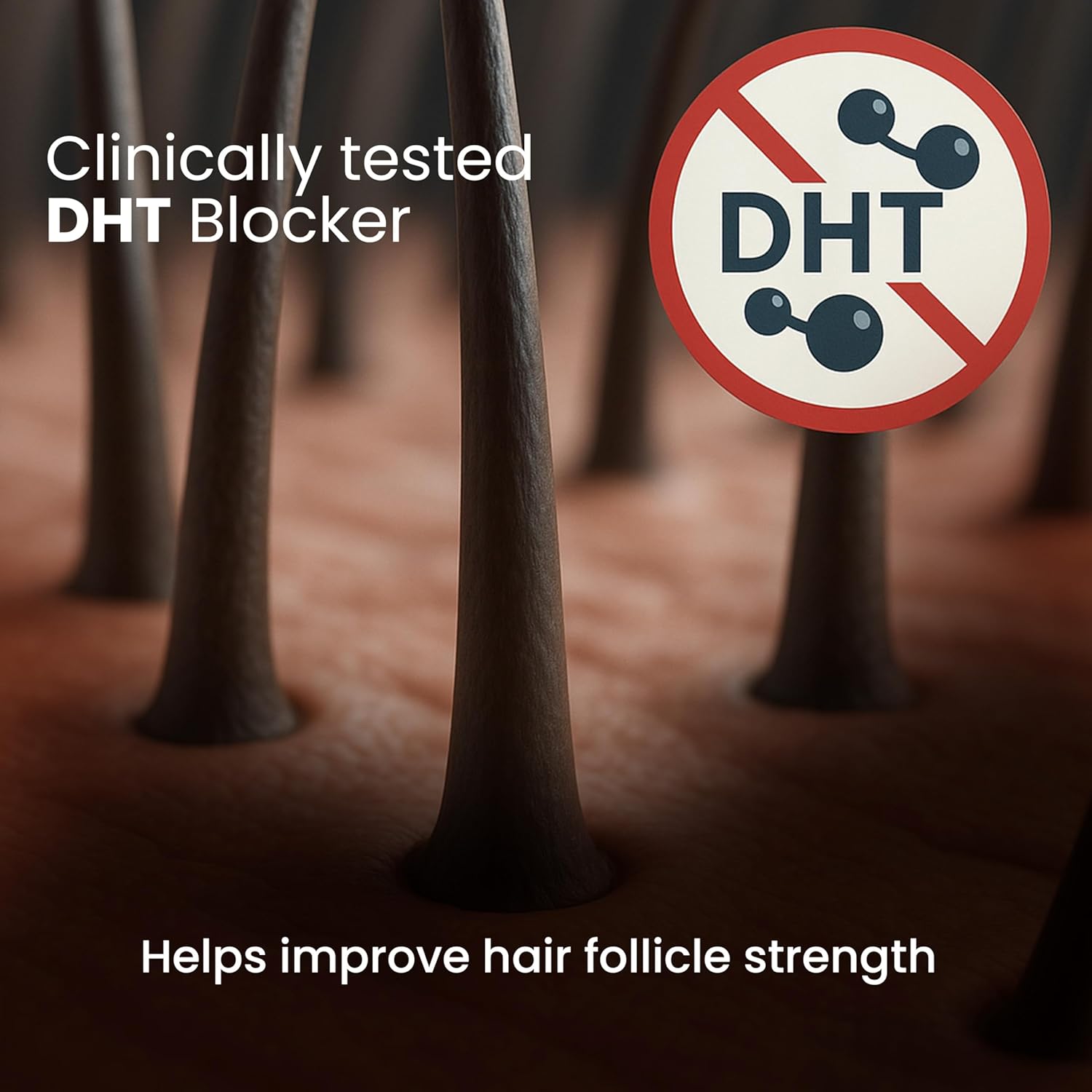 Highlights the product's clinically tested ability to block DHT and improve hair follicle strength.
