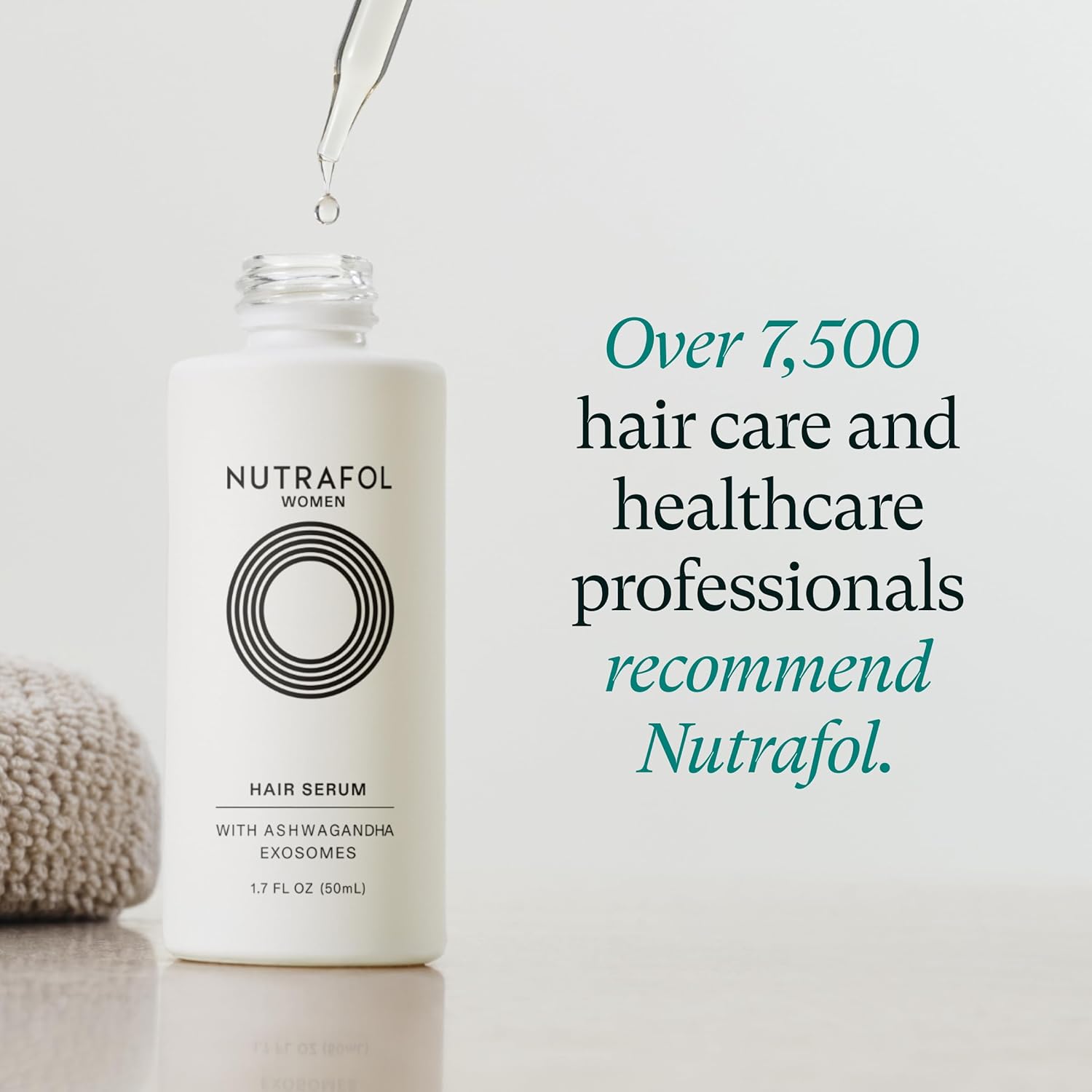 Builds trust and credibility for the product by highlighting that over 7,500 hair care and healthcare professionals recommend Nutrafol.