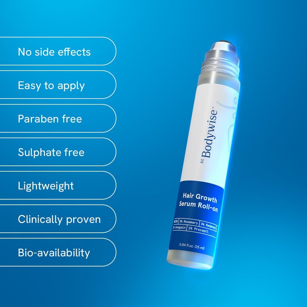 Highlights multiple key features and benefits of the hair growth serum to reassure customers about its safety, effectiveness, and ease of use.