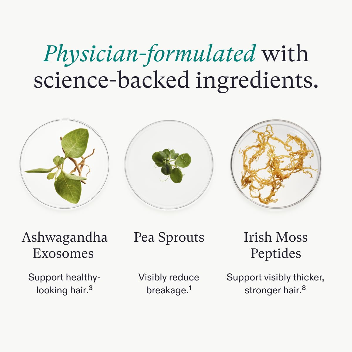 Highlights the key science-backed ingredients and their respective benefits for hair health, strength, and appearance.