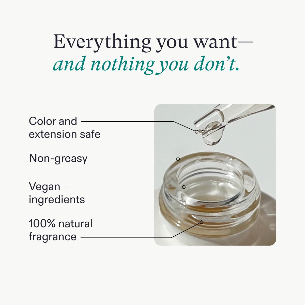 Highlights multiple key features and benefits of the product, such as being safe for hair, non-greasy, vegan, and having a natural fragrance.
