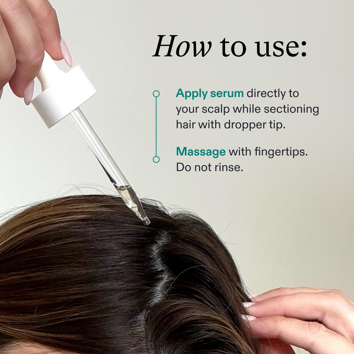 Provides step-by-step instructions on how to properly apply and use the hair serum product.