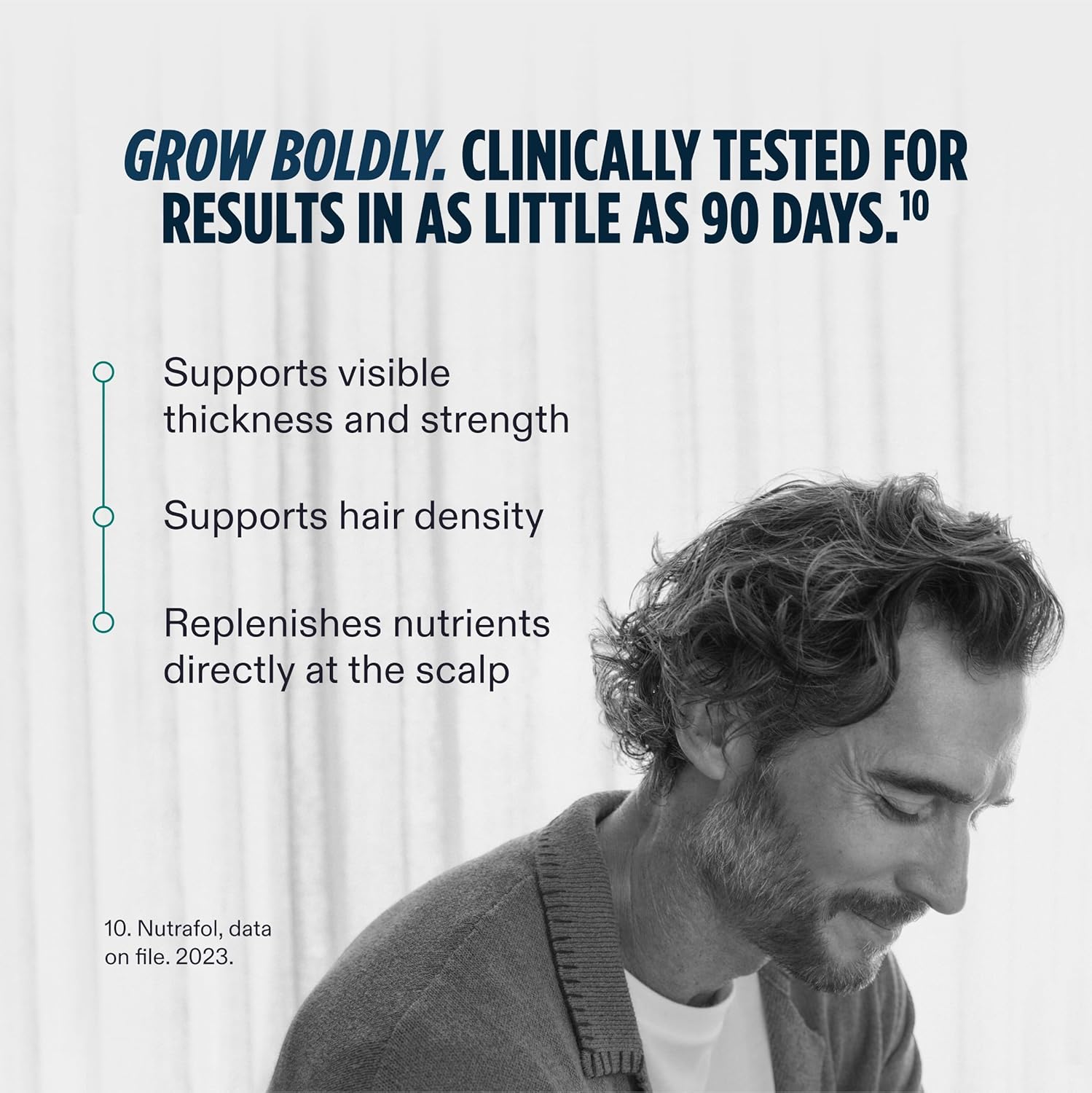 Highlights the product's clinically proven ability to promote visible hair growth, thickness, density, and nutrient delivery to the scalp within 90 days.