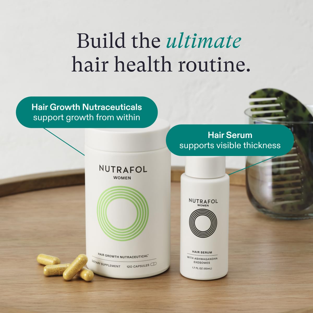 Showcases the two key products and their respective benefits for promoting hair growth from within and increasing visible thickness.