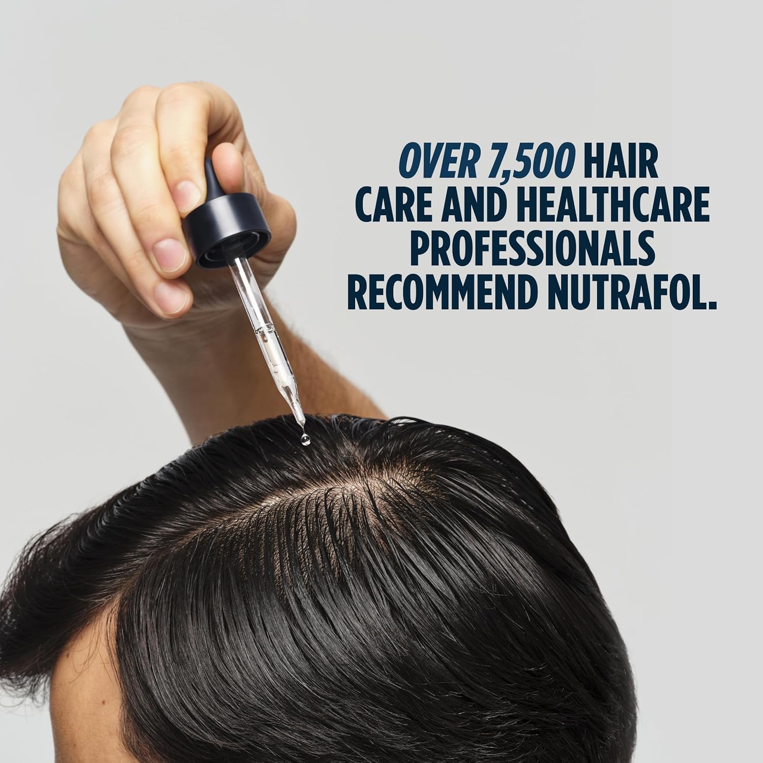 Builds credibility and trust for the product by highlighting that over 7,500 hair care and healthcare professionals recommend Nutrafol.
