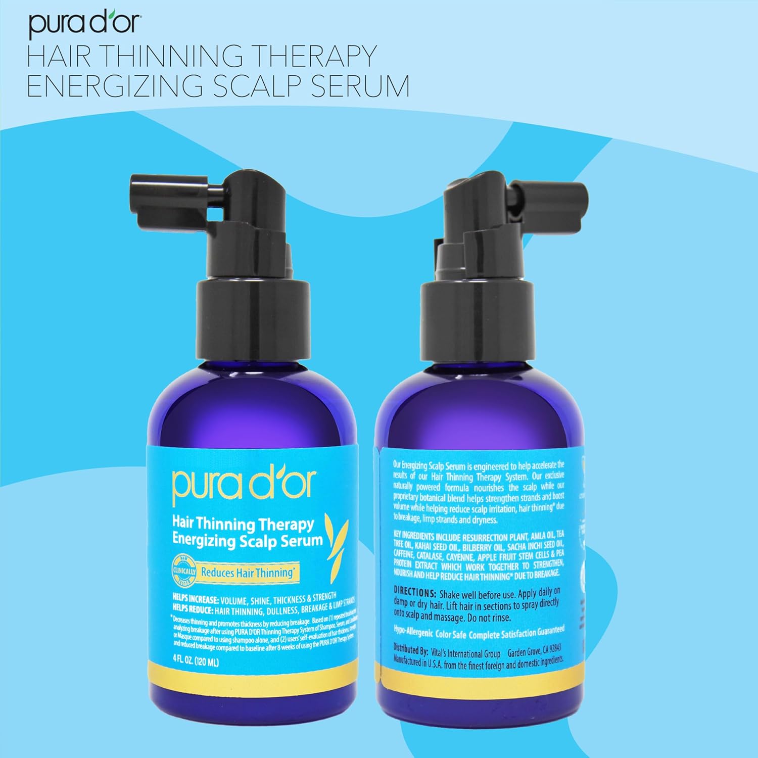 Highlights the product's key benefit of reducing hair thinning and energizing the scalp to promote thicker, fuller hair.