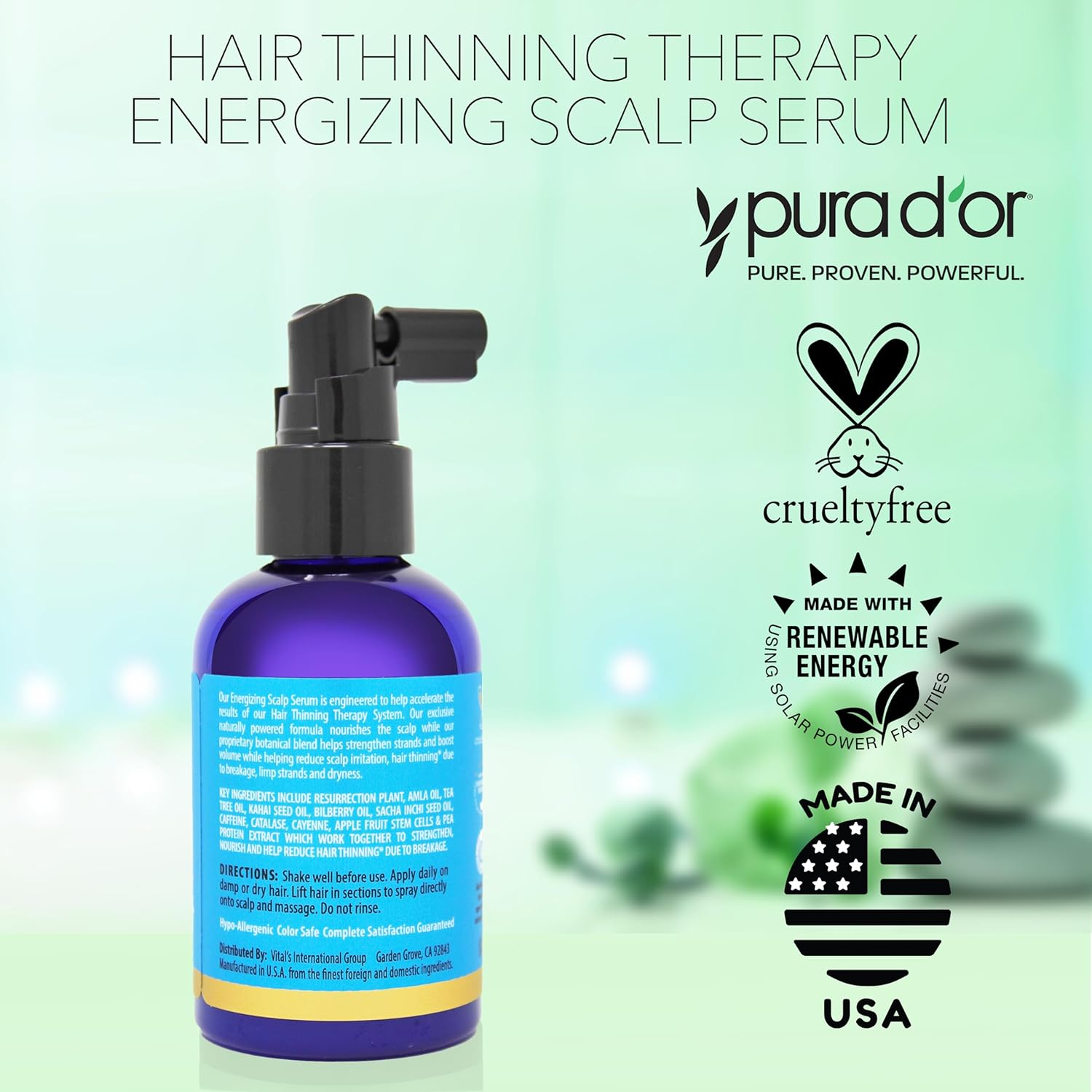 Highlights the product's key benefit of helping with hair thinning and energizing the scalp.