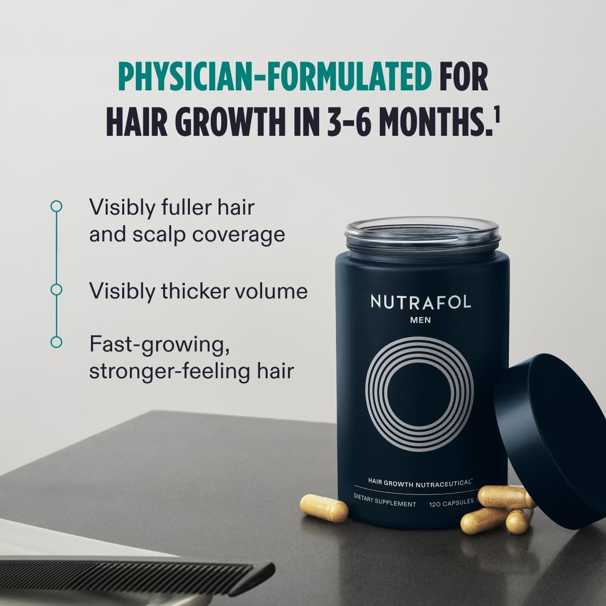 Highlights the key benefits of the hair growth supplement, including visibly fuller hair and scalp coverage, thicker volume, and stronger, fast-growing hair within 3-6 months.