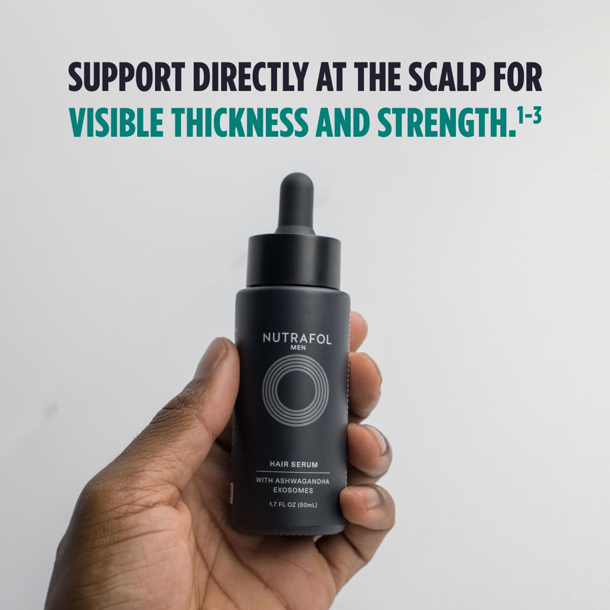 Highlights the product's ability to provide visible thickness and strength to hair when applied directly at the scalp.