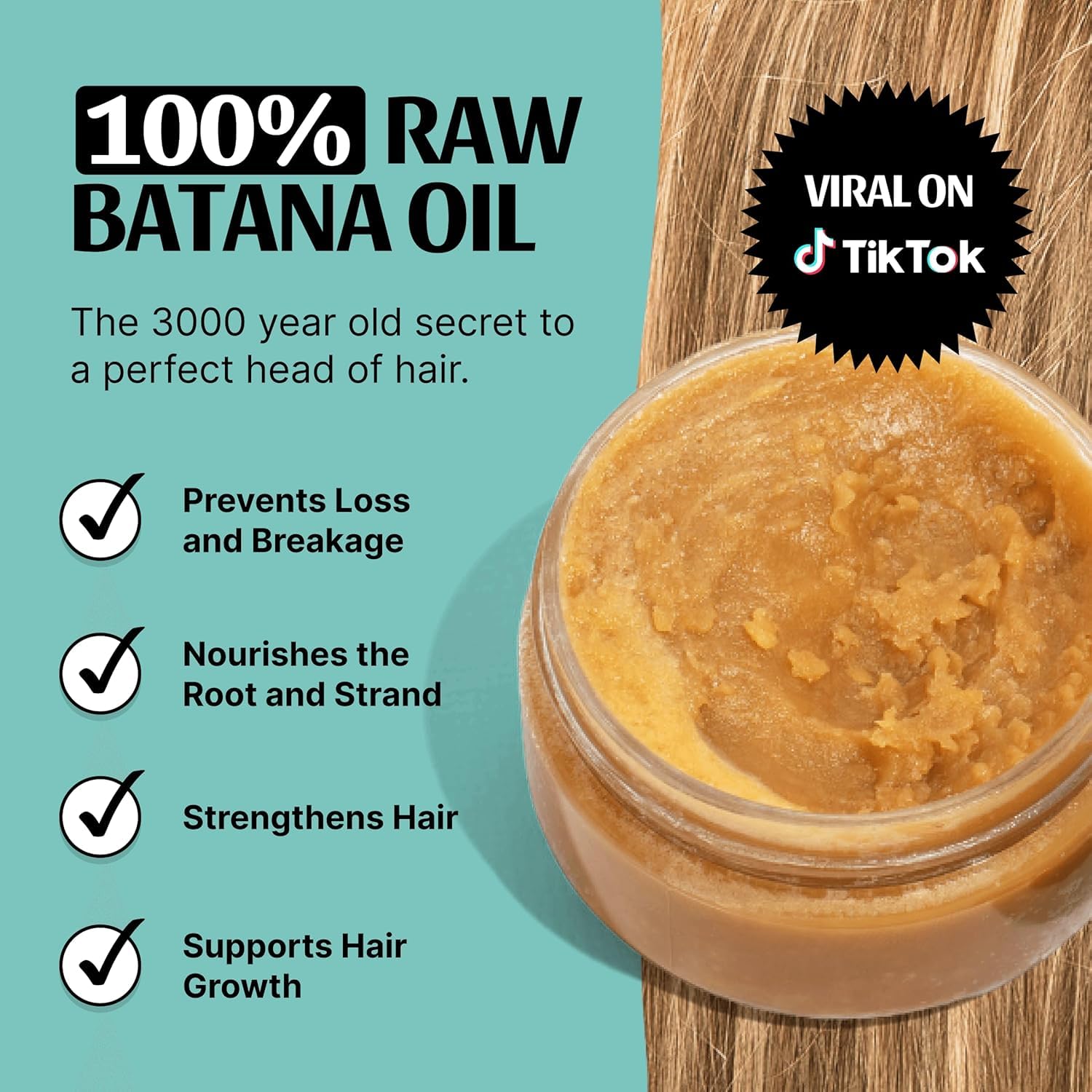 Highlights multiple benefits of the batana oil product for hair health, including preventing hair loss, nourishing roots, strengthening strands, and promoting growth.