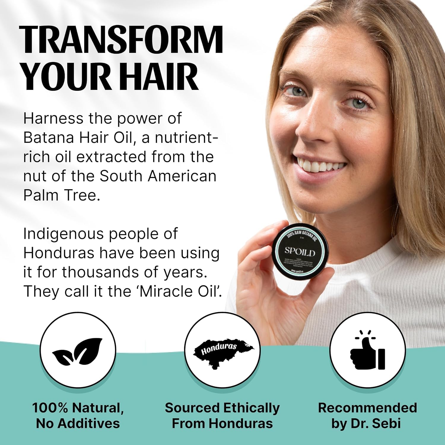 Highlights the key benefit of the Batana Hair Oil product being a nutrient-rich, natural, and ethically sourced oil that can transform hair.