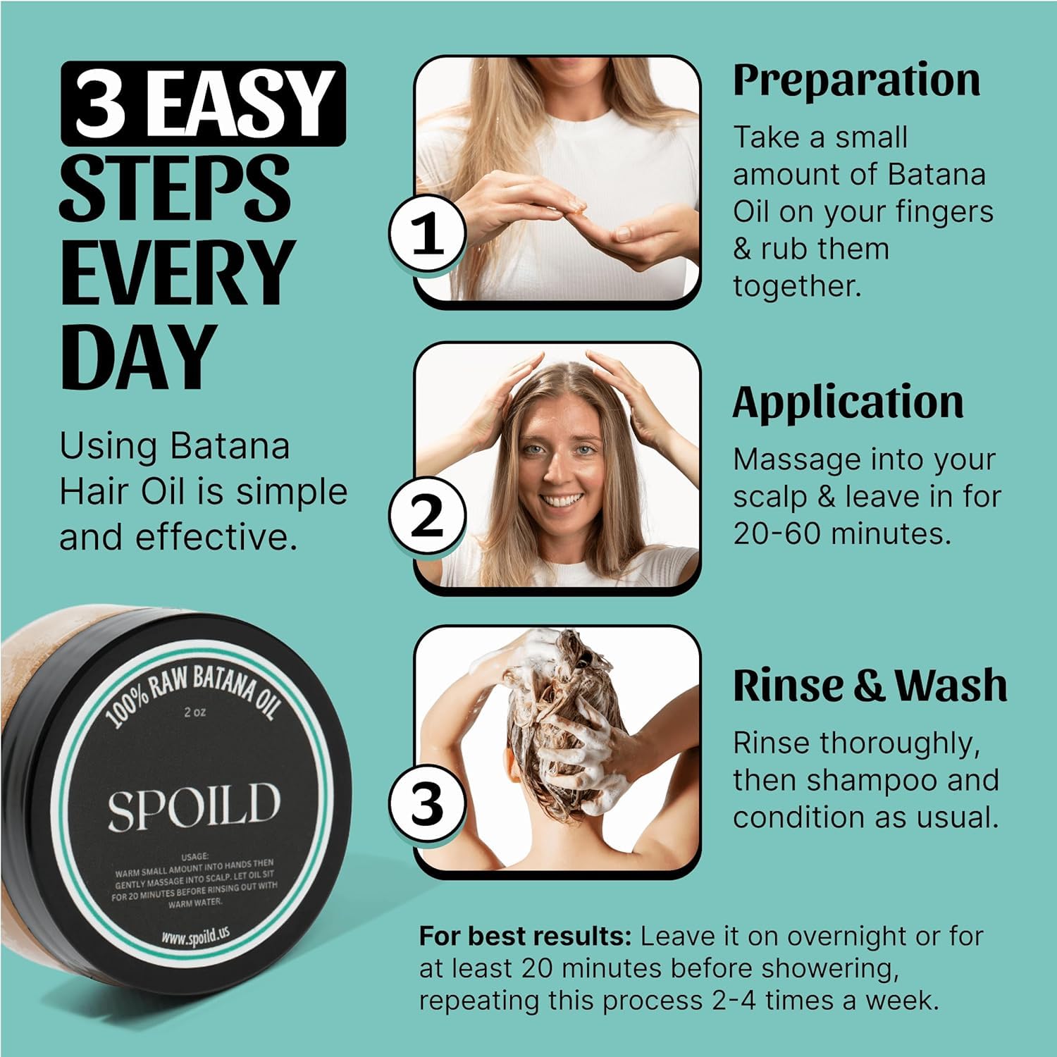Explains the simple 3-step process for using the Batana Hair Oil product effectively, guiding customers on preparation, application, and rinsing.