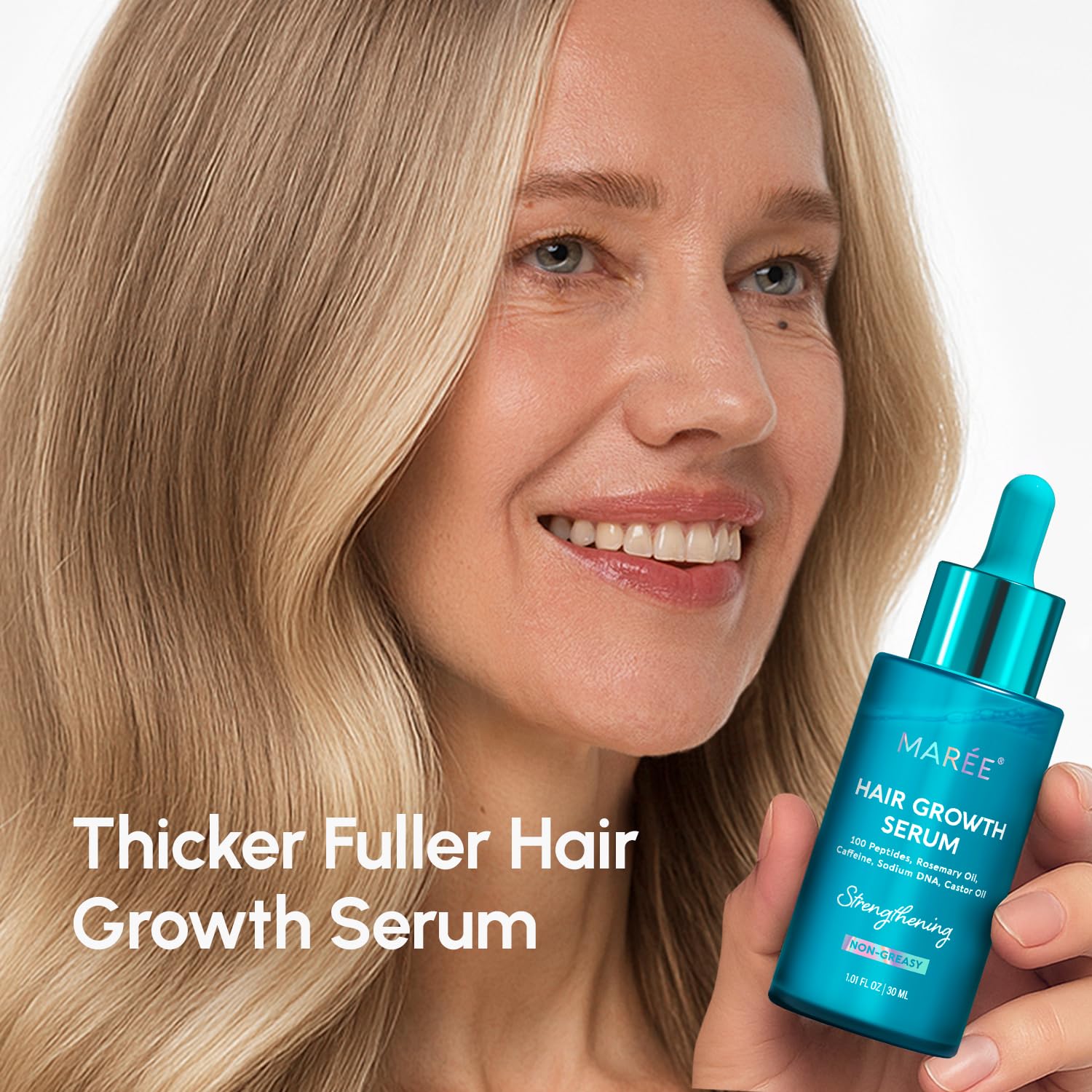 Highlights the product's ability to promote hair growth and achieve thicker, fuller hair.