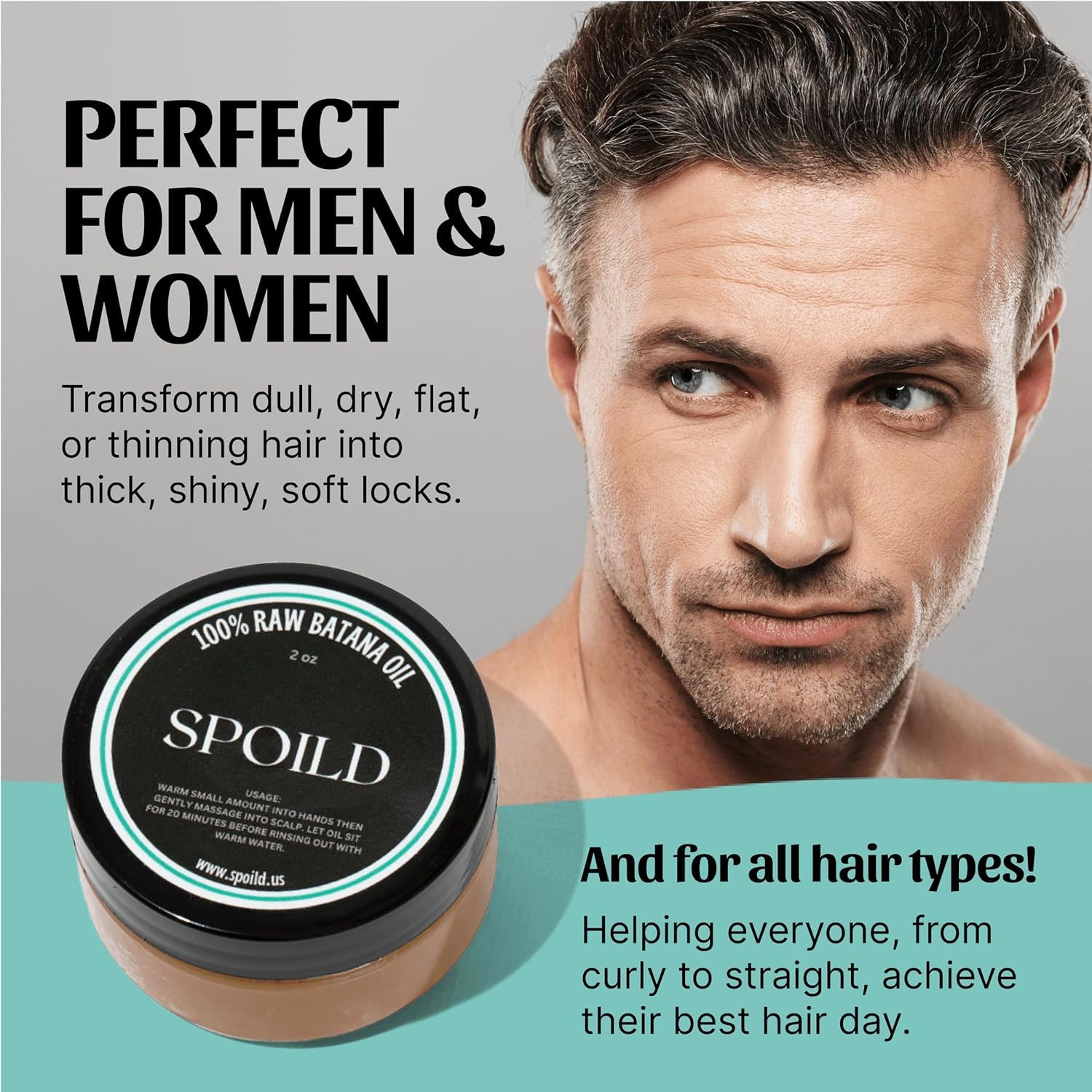 Highlights the product's ability to transform dull, dry, or thinning hair into thick, shiny, soft locks for both men and women with all hair types.