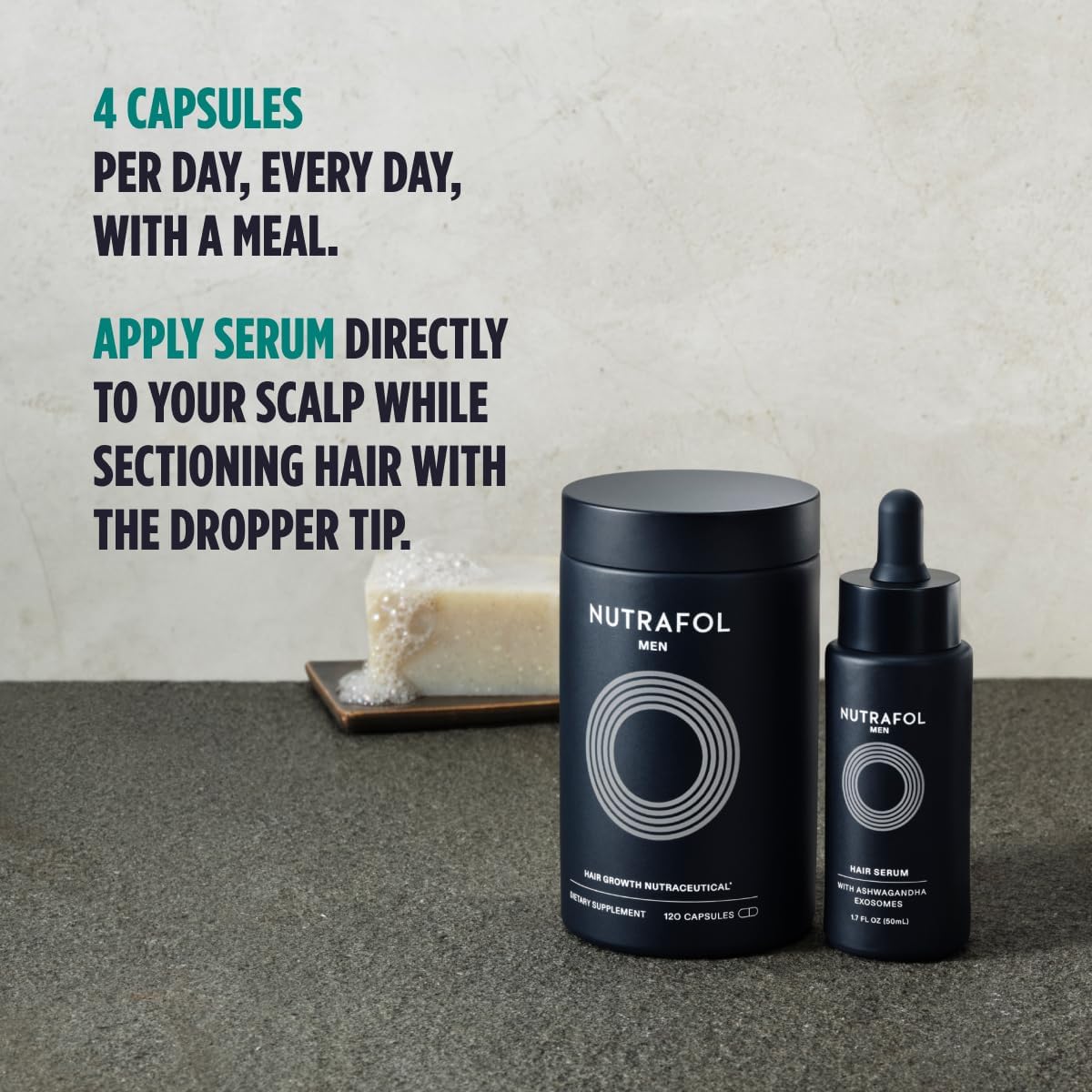 Explains how to properly use the hair growth supplement capsules and serum, including dosage and application method.