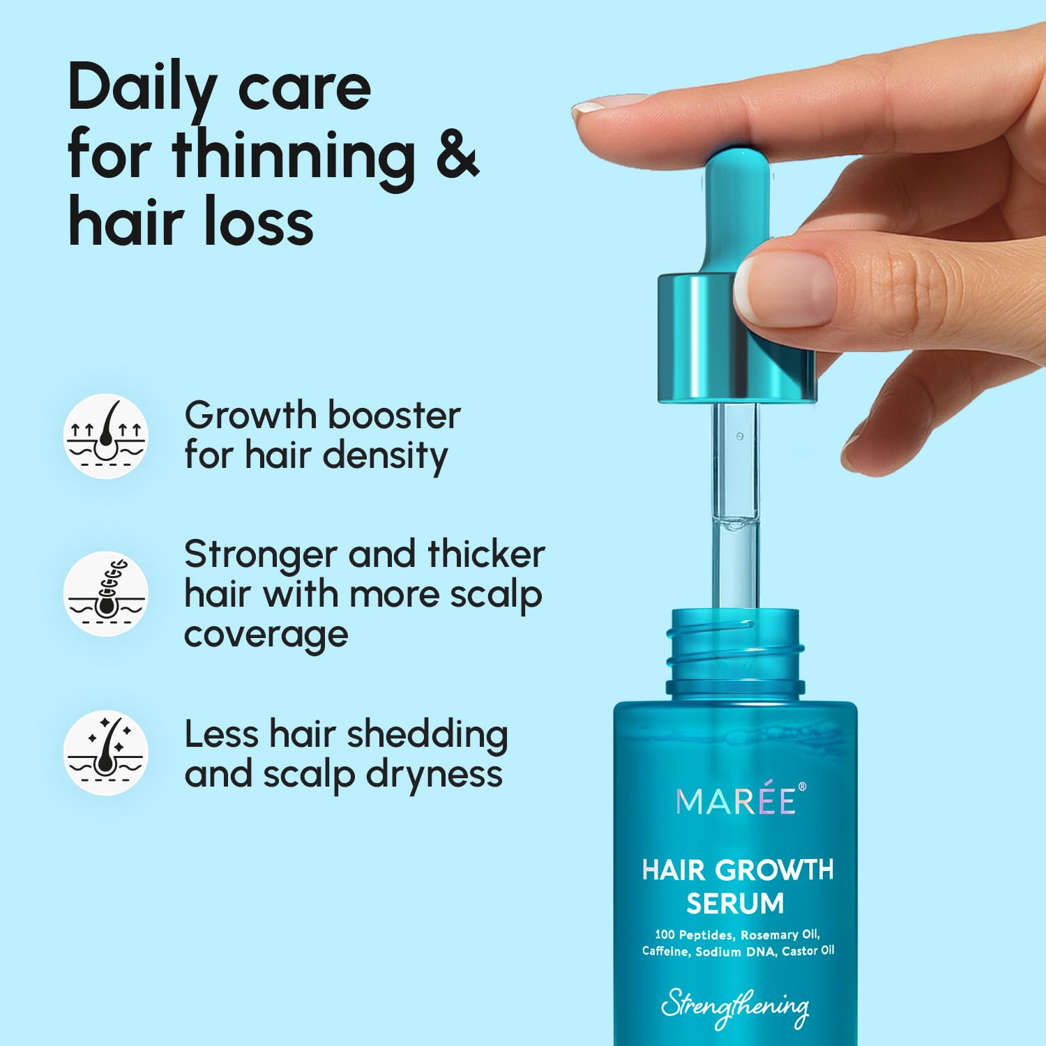 Highlights multiple benefits of the hair growth serum, including promoting hair density, stronger and fuller hair, and reducing hair loss and scalp dryness.