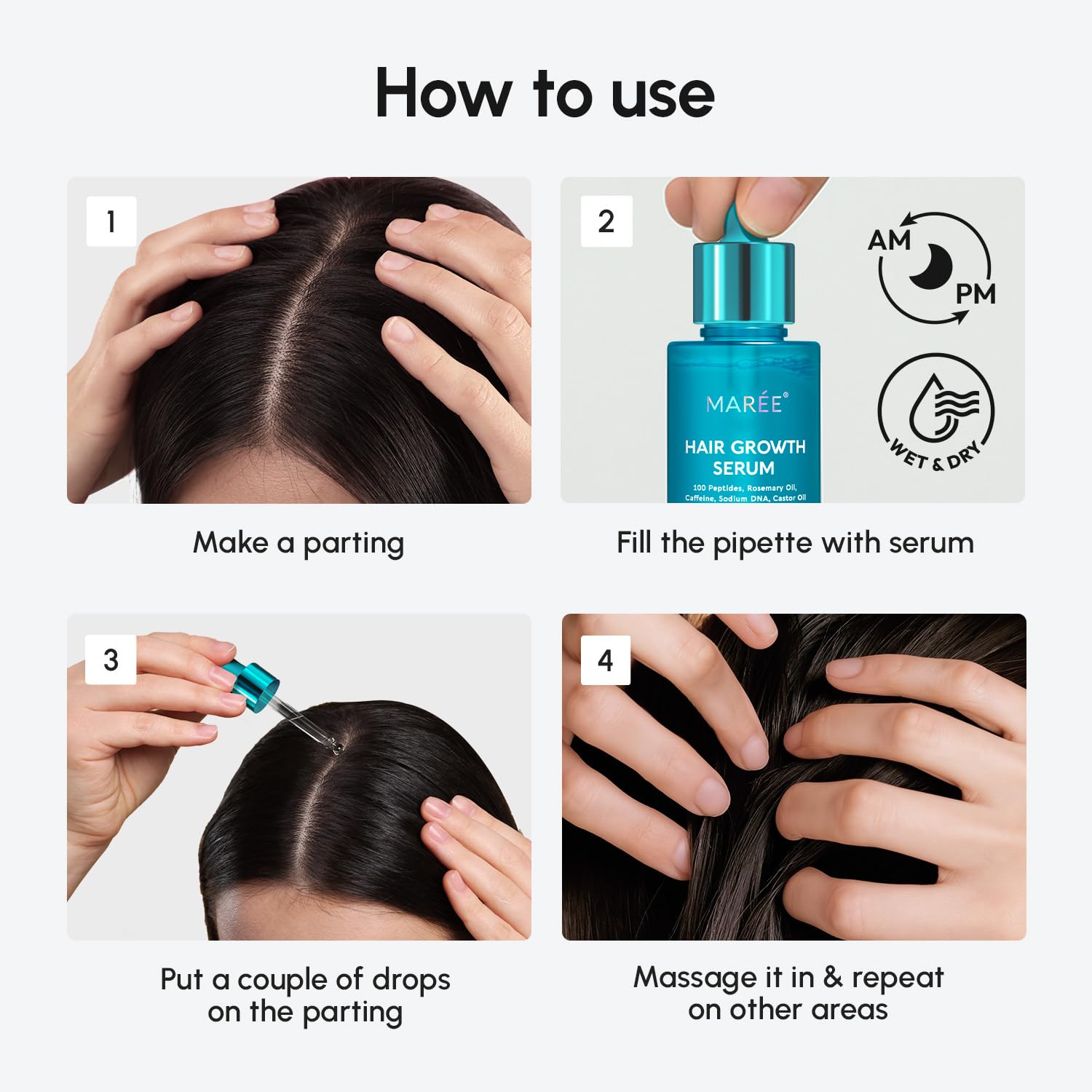 Provides step-by-step instructions on how to properly apply and use the hair growth serum product.