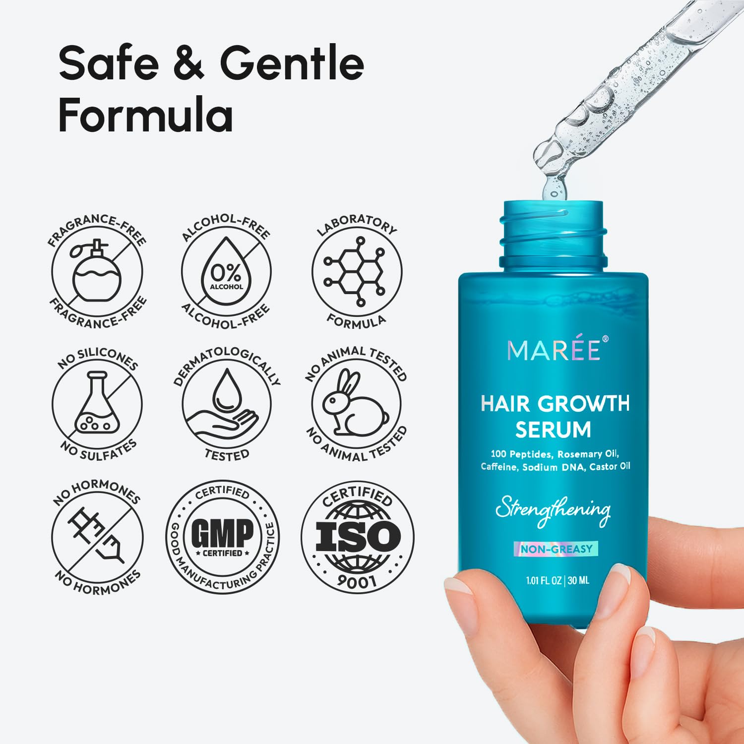 Highlights the product's gentle and safe formula by showcasing various certifications and lack of potentially harmful ingredients.