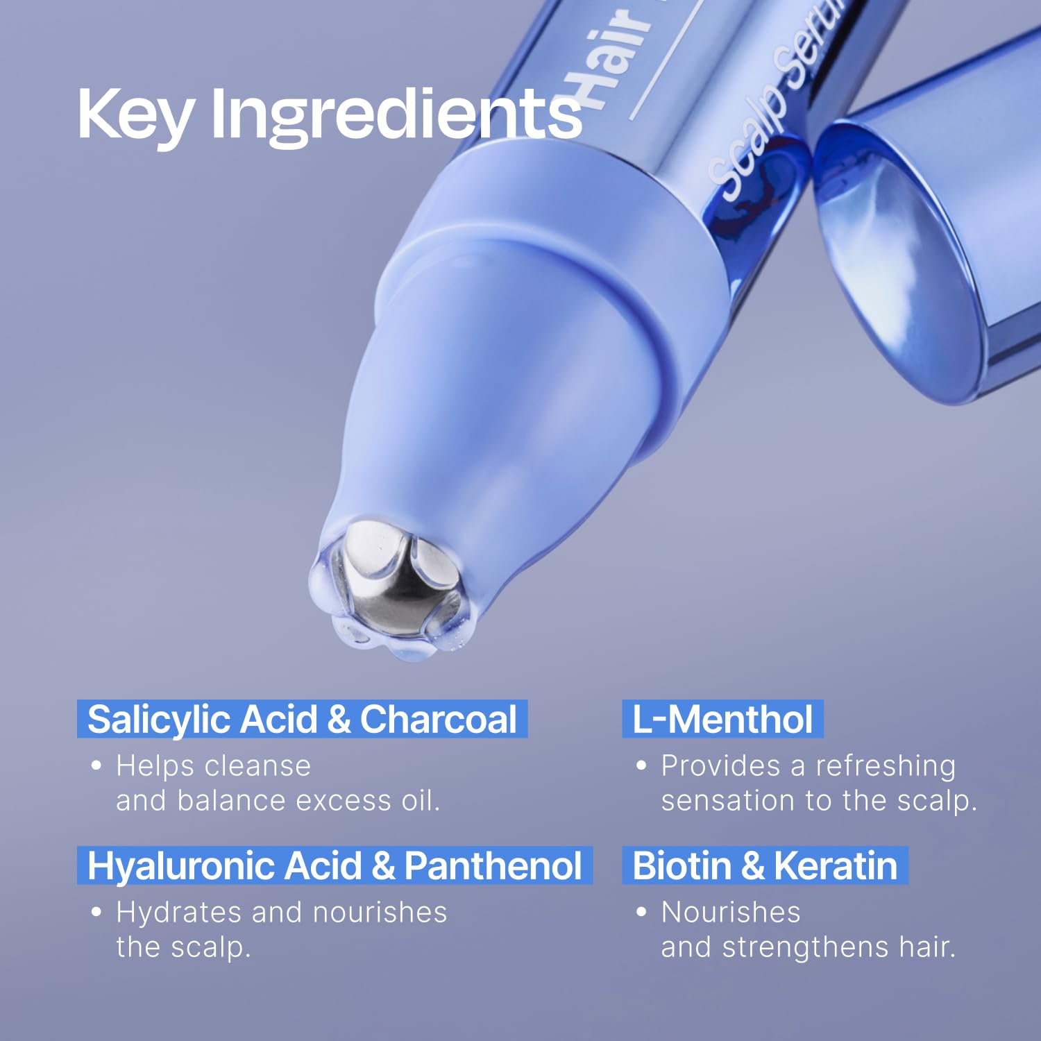 Highlights the key ingredients in the product and explains their benefits for cleansing, nourishing, and refreshing the scalp and hair.