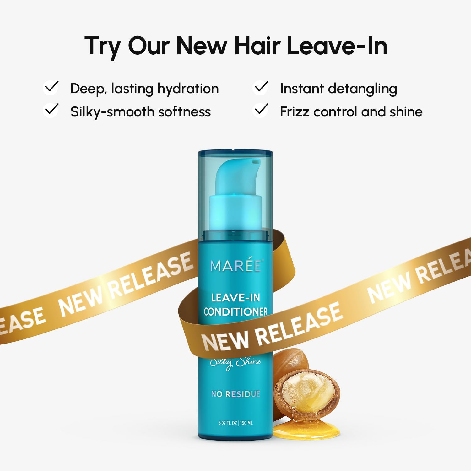 Highlights multiple benefits of the new hair leave-in conditioner product, including hydration, softness, detangling, and frizz control.