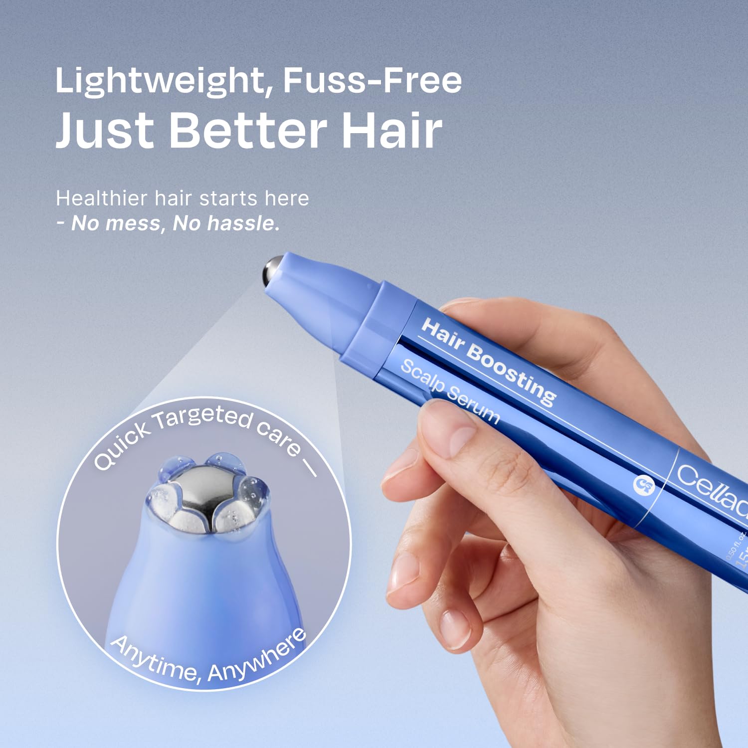Highlights multiple benefits of the hair boosting product including its lightweight design, hassle-free application, targeted scalp treatment, and portability for use anytime, anywhere.