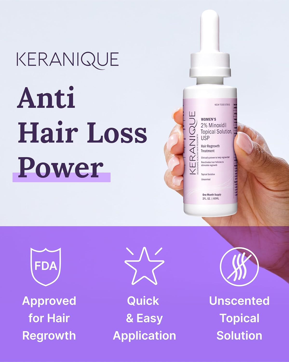 Highlights multiple key features and benefits of the hair regrowth product, including its FDA approval, easy application, and unscented formula.