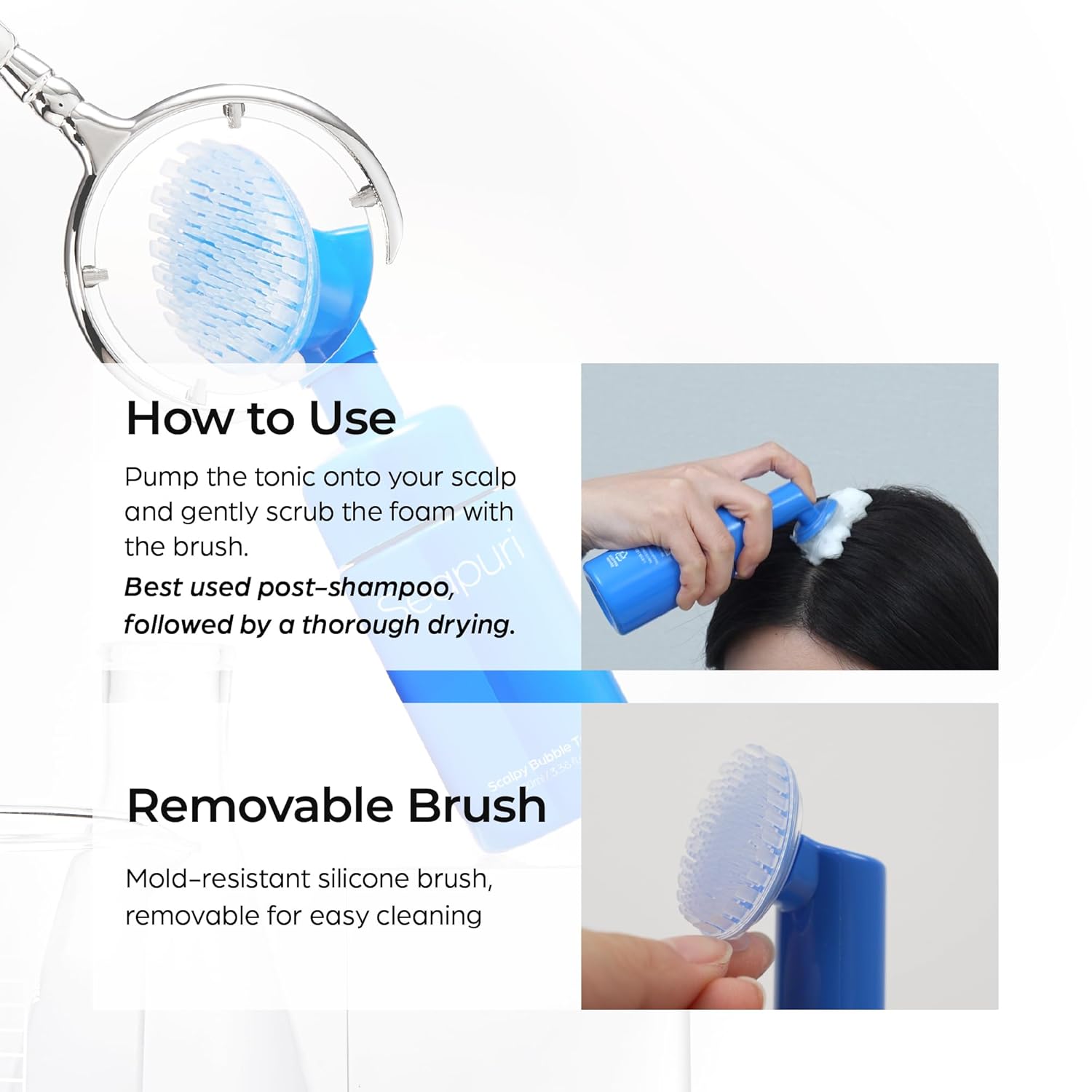 Explains how to properly use the product by pumping the tonic onto the scalp and scrubbing with the brush, and highlights the removable silicone brush for easy cleaning.