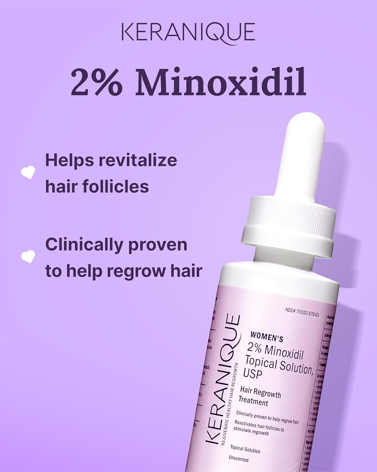 Highlights the key benefit of the product - helping regrow hair using 2% Minoxidil, which is clinically proven to revitalize hair follicles.