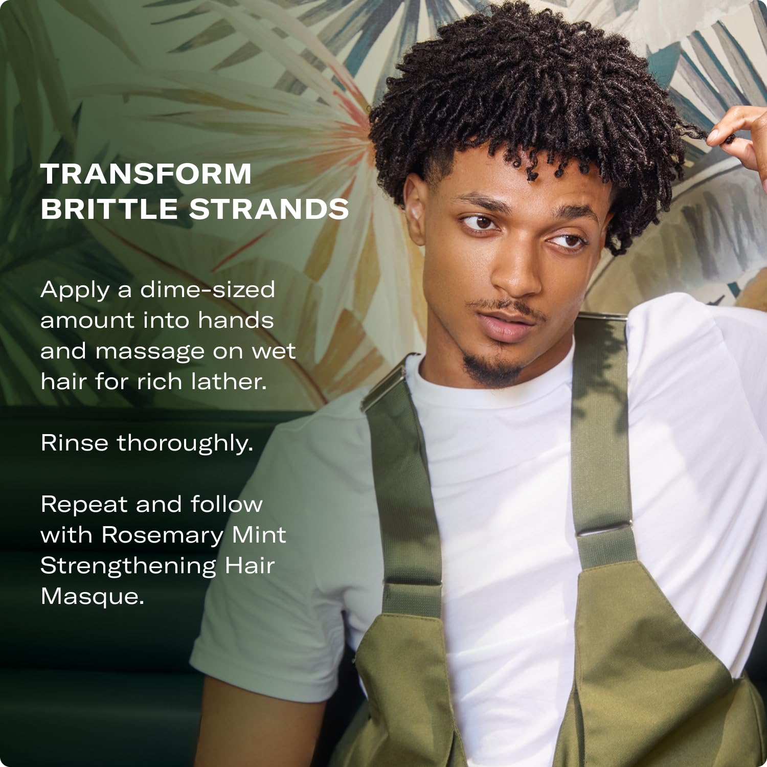 Explains how to use the product to transform brittle hair strands and achieve rich lather and strengthening benefits.