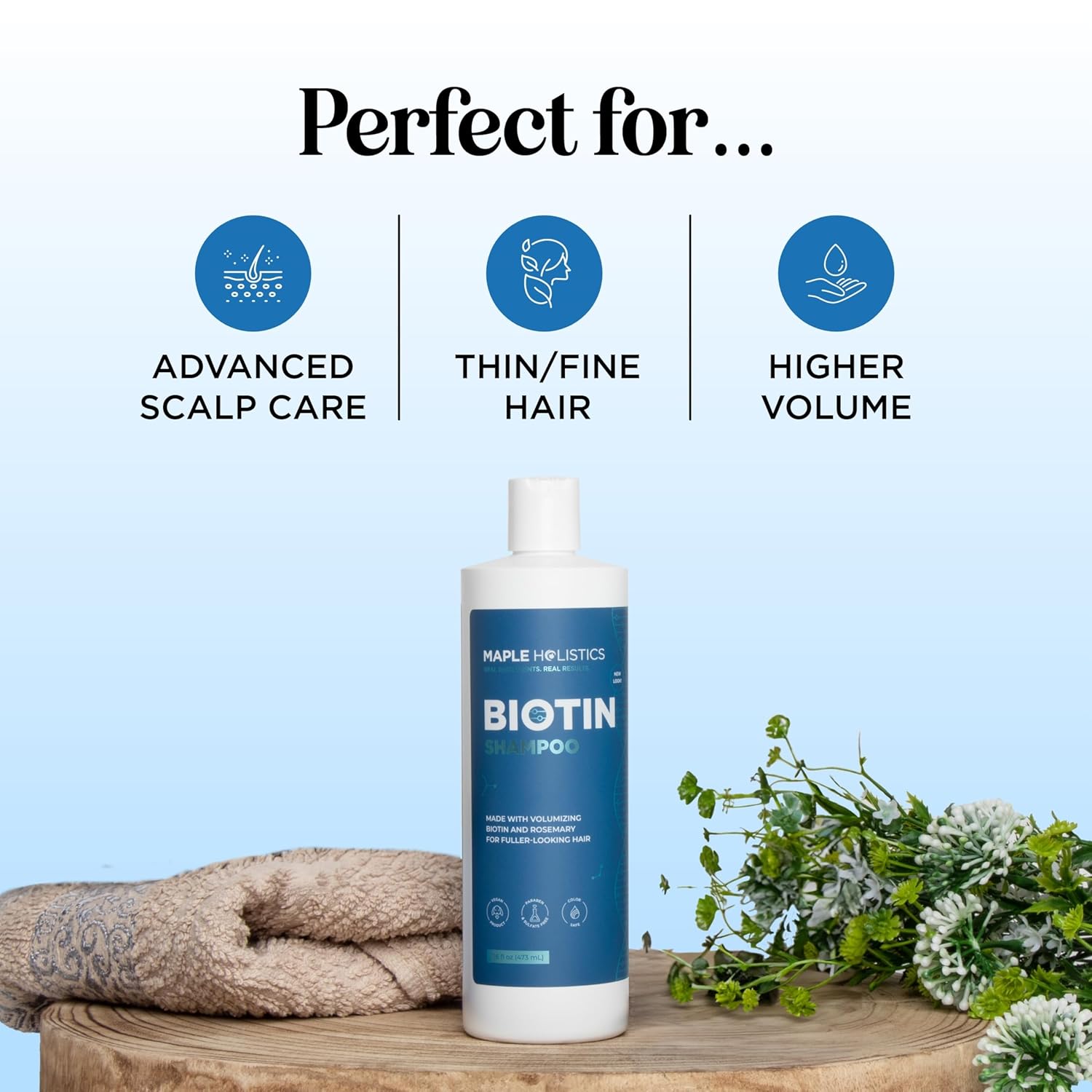 Demonstrates the different use cases and benefits of the hair product for scalp care, thin/fine hair, and adding volume.