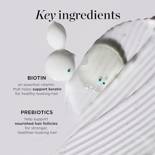 Highlights the key ingredients biotin and prebiotics to showcase the product's benefits for healthy and stronger hair.