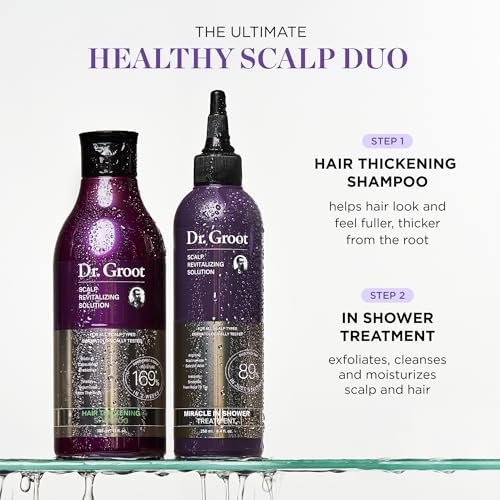 Showcases the two-step hair care system and highlights the key benefits of each product - thickening hair from the roots and exfoliating/moisturizing the scalp.