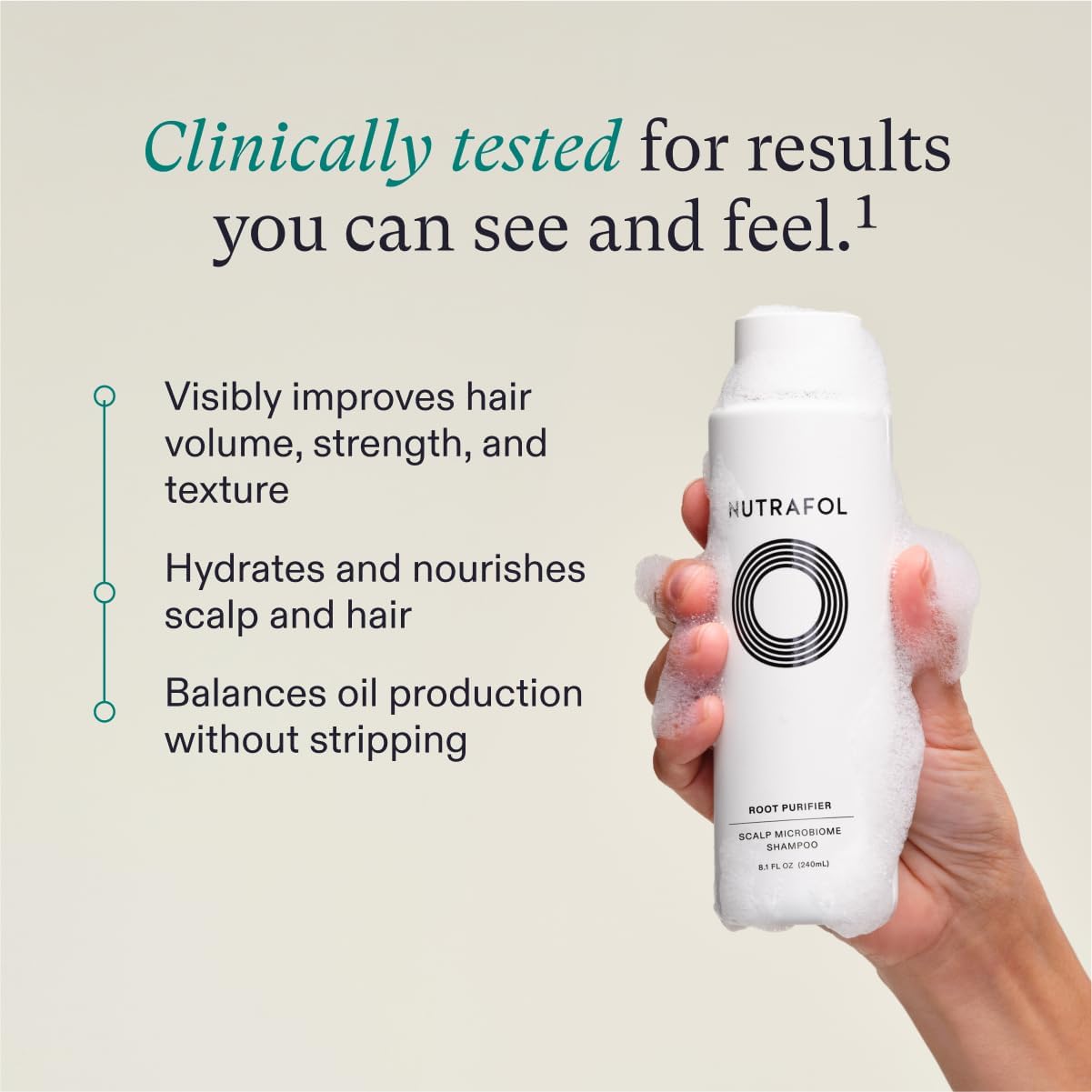 Highlights multiple benefits of the hair product, including improving hair quality, nourishing the scalp, and balancing oil production.