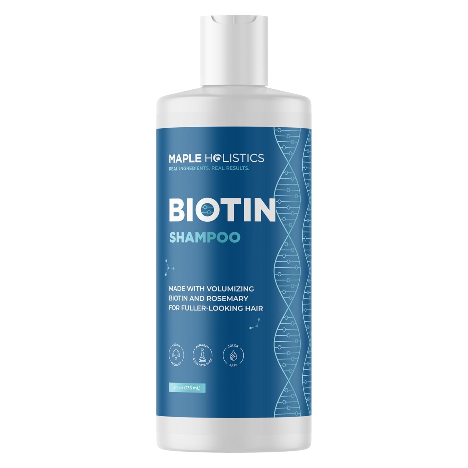 Highlights the key benefit of the biotin shampoo, which is providing fuller and more voluminous hair.