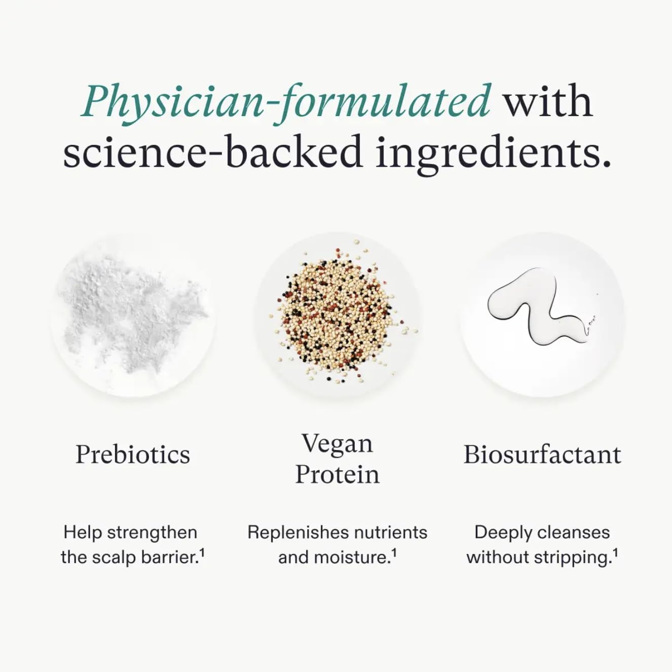 Highlights the key ingredients and their respective benefits for strengthening scalp barrier, replenishing nutrients/moisture, and deep cleansing without stripping.