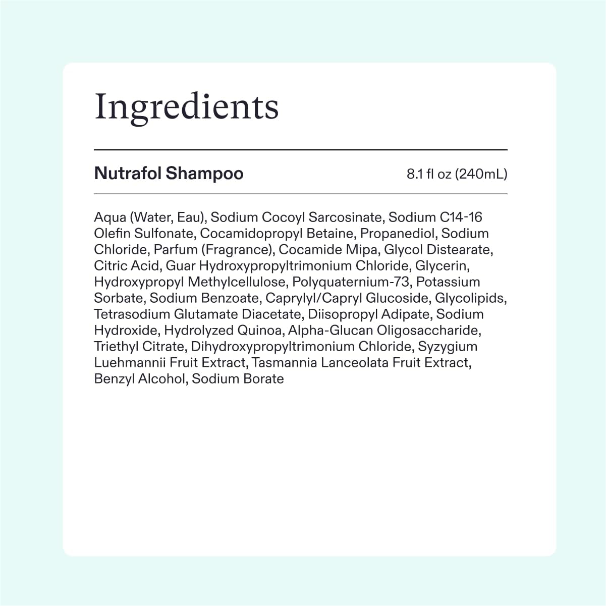 Provides transparency by listing all the ingredients contained in the Nutrafol Shampoo product.