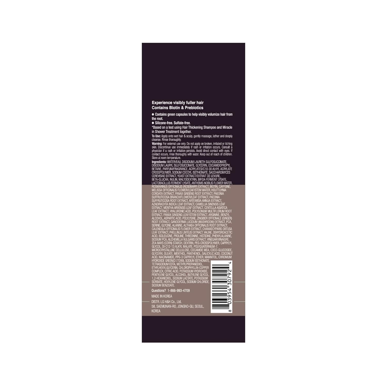 Highlights that the product contains biotin and prebiotics to help visibly volumize hair.