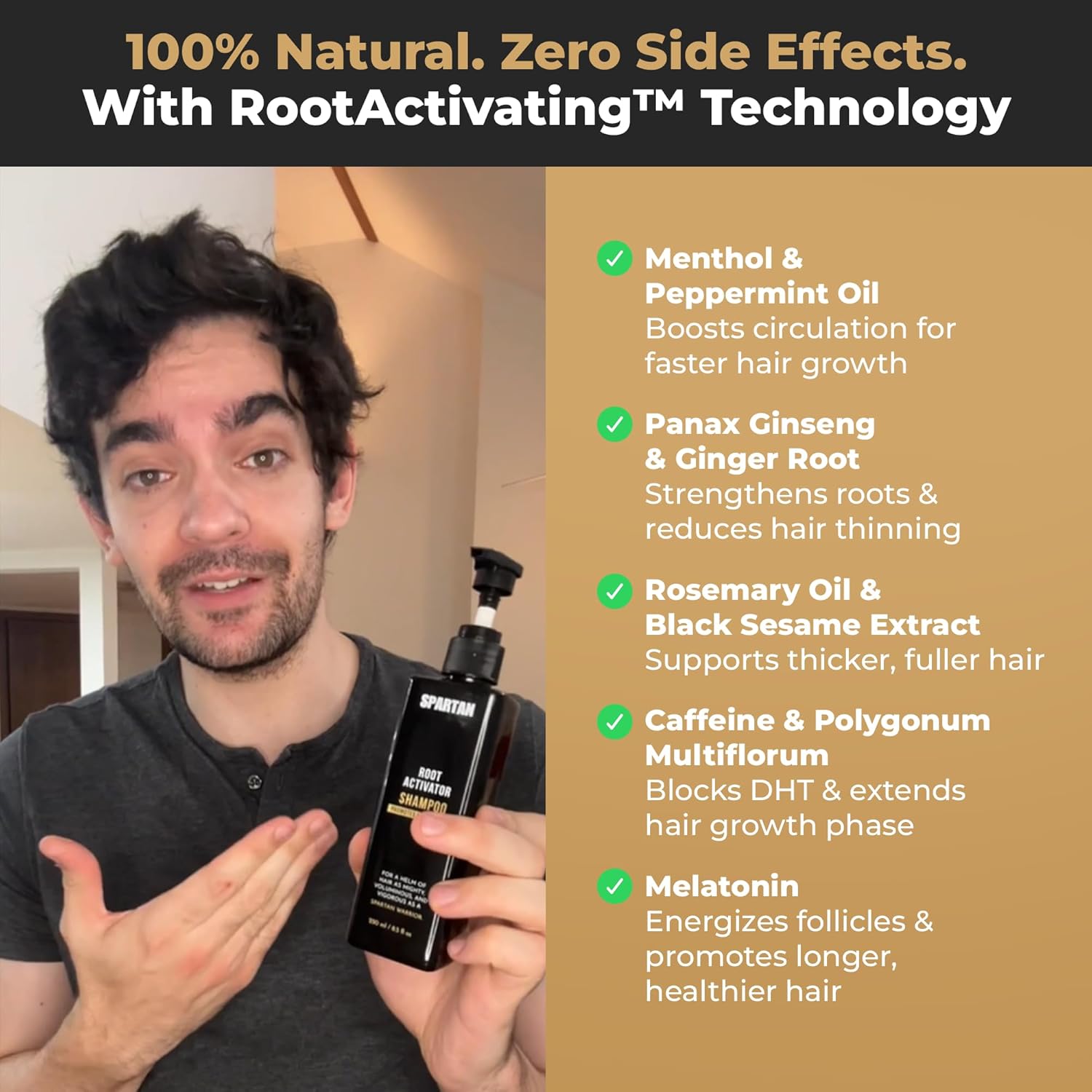 Highlights the multiple natural ingredients and their respective benefits for promoting hair growth, thickness, and reducing hair thinning and DHT.