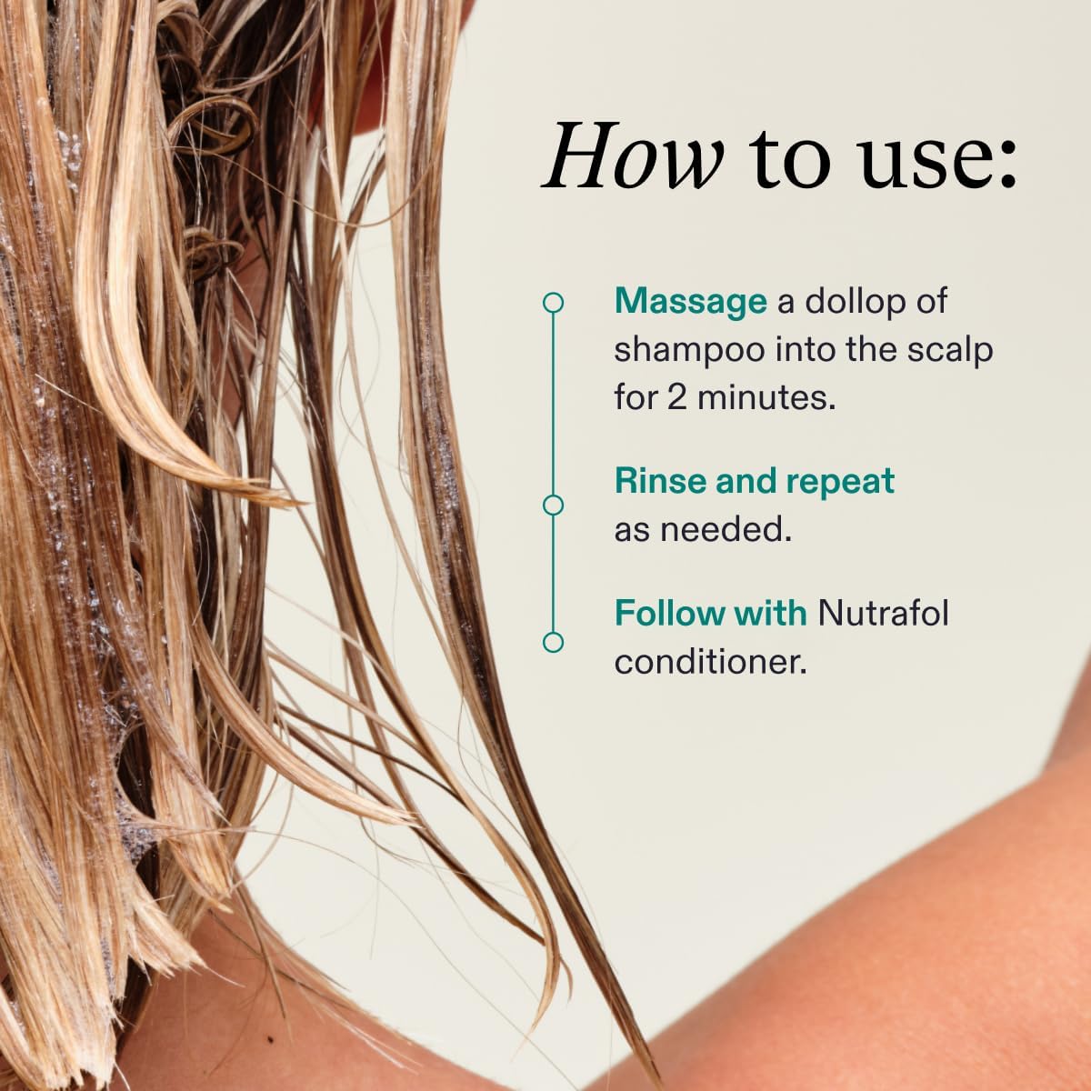 Explains the steps for properly using the shampoo product, including massaging into the scalp, rinsing, and following with conditioner.