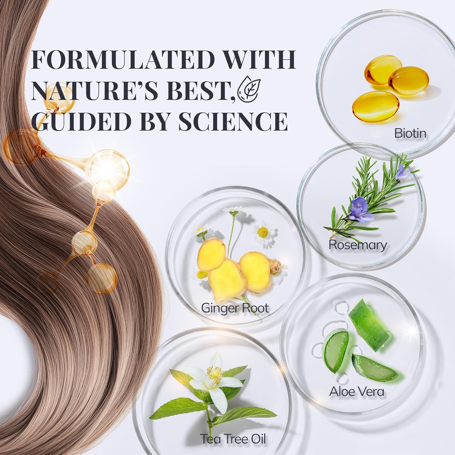 Highlights the product's use of natural botanical ingredients combined with scientific formulation to position it as an effective yet natural solution.
